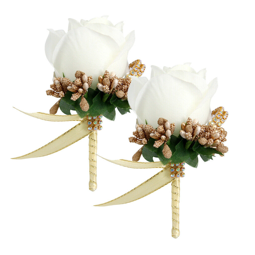 2pcs Wedding Boutonniere Corsage Fabric Rose Flower Brooch for Wedding Party