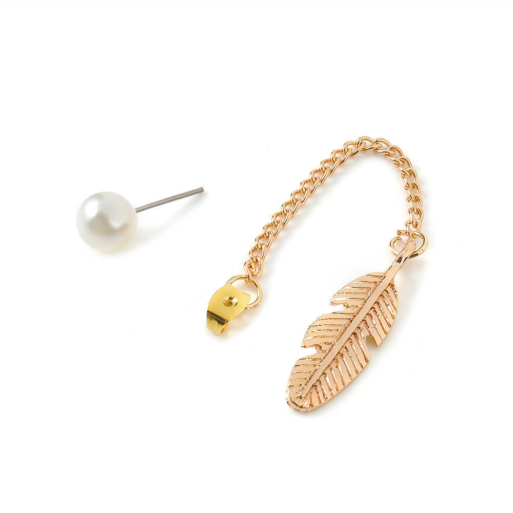 Korean Style Simulated Pearls Long Tassel Leaf Feather Dangle Earrings Jewelry