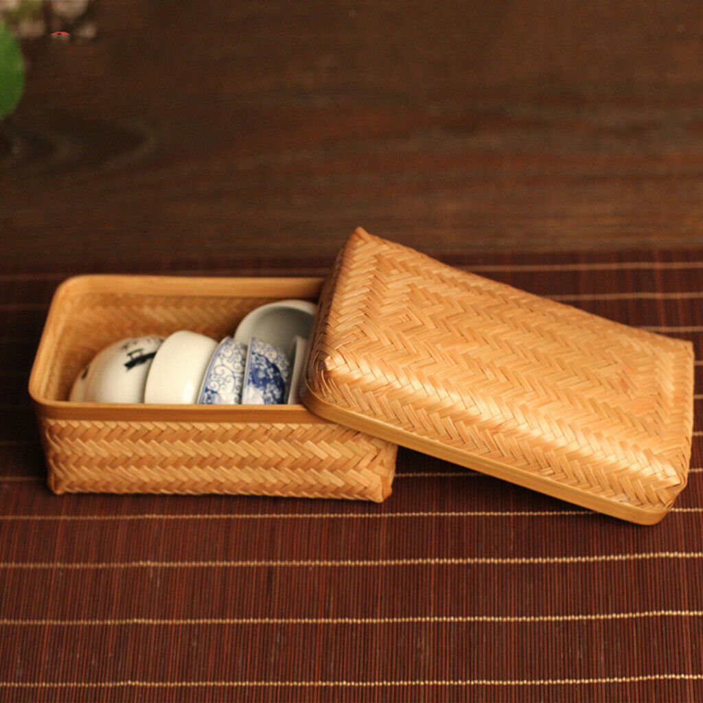 Bamboo Storage Basket Tray Food Hamper Bread Fruit Tea Box Organizers w/ Lid