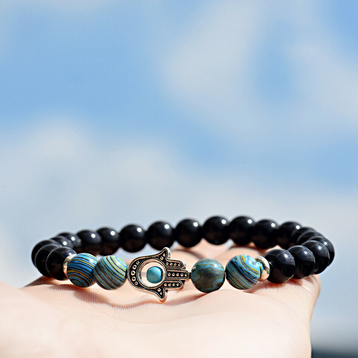 New Fashion Man Malachite Bracelets Lava Stone Stretch Hand Of Fatima Hamsa Hand