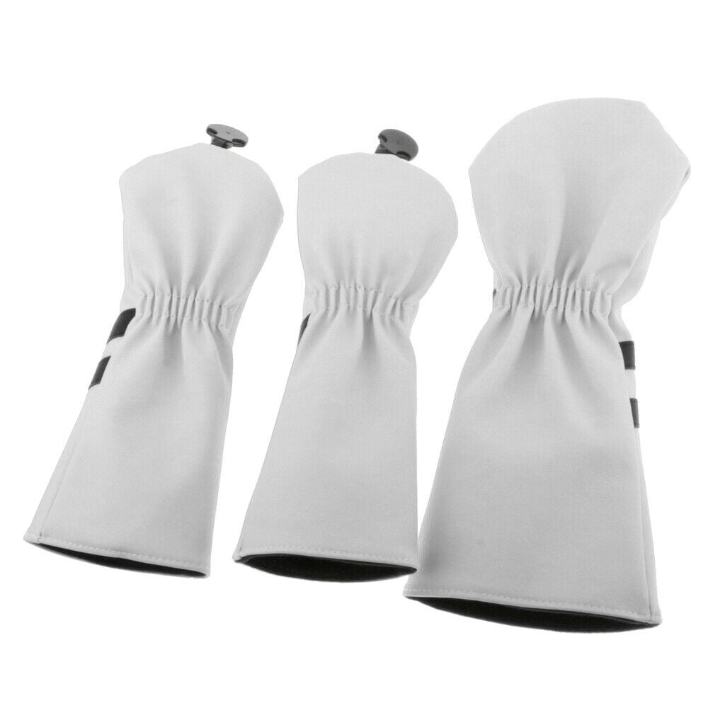 3Pcs Leather Golf Wood Head Cover Waterproof Wood Driver Headcover Sleeve White