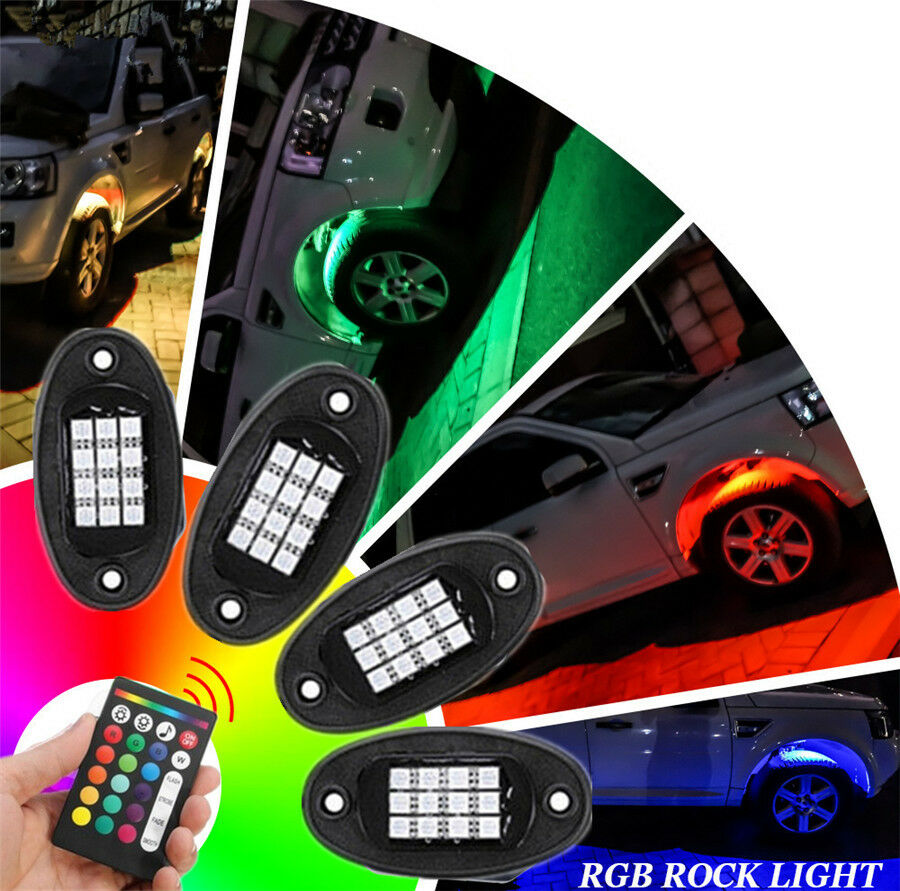 4xUniversal RGB LED Under Body Light Rock Lamp Off-Road Truck Remote Control 12V
