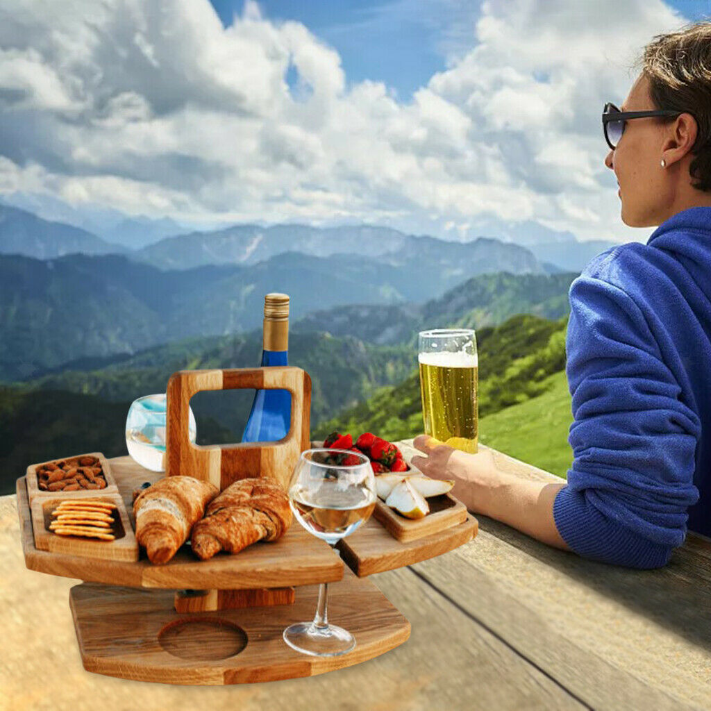 Portable Wood Picnic Desk Detachable Table Wine Glass Rack Camping Plate