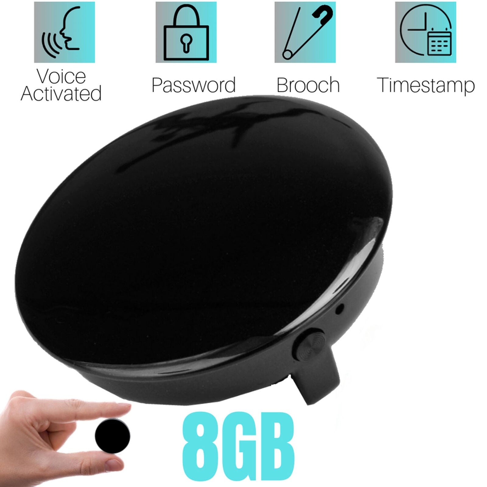 Voice Activated Recorder Brooch Digital Audio Recording Device Mp3 8GB Black