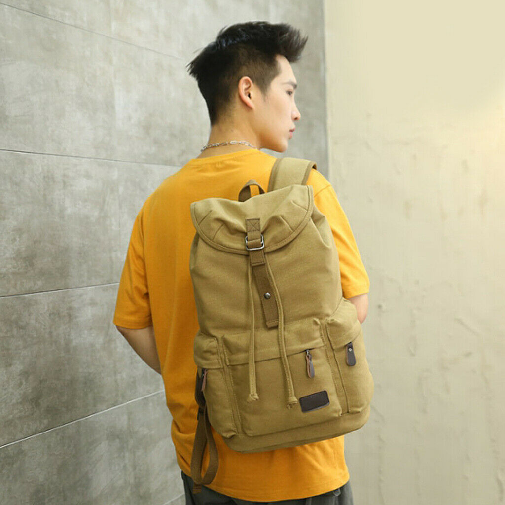 Mens Casual Canvas Backpack Travel School Bag Large Capacity Rucksack Khaki