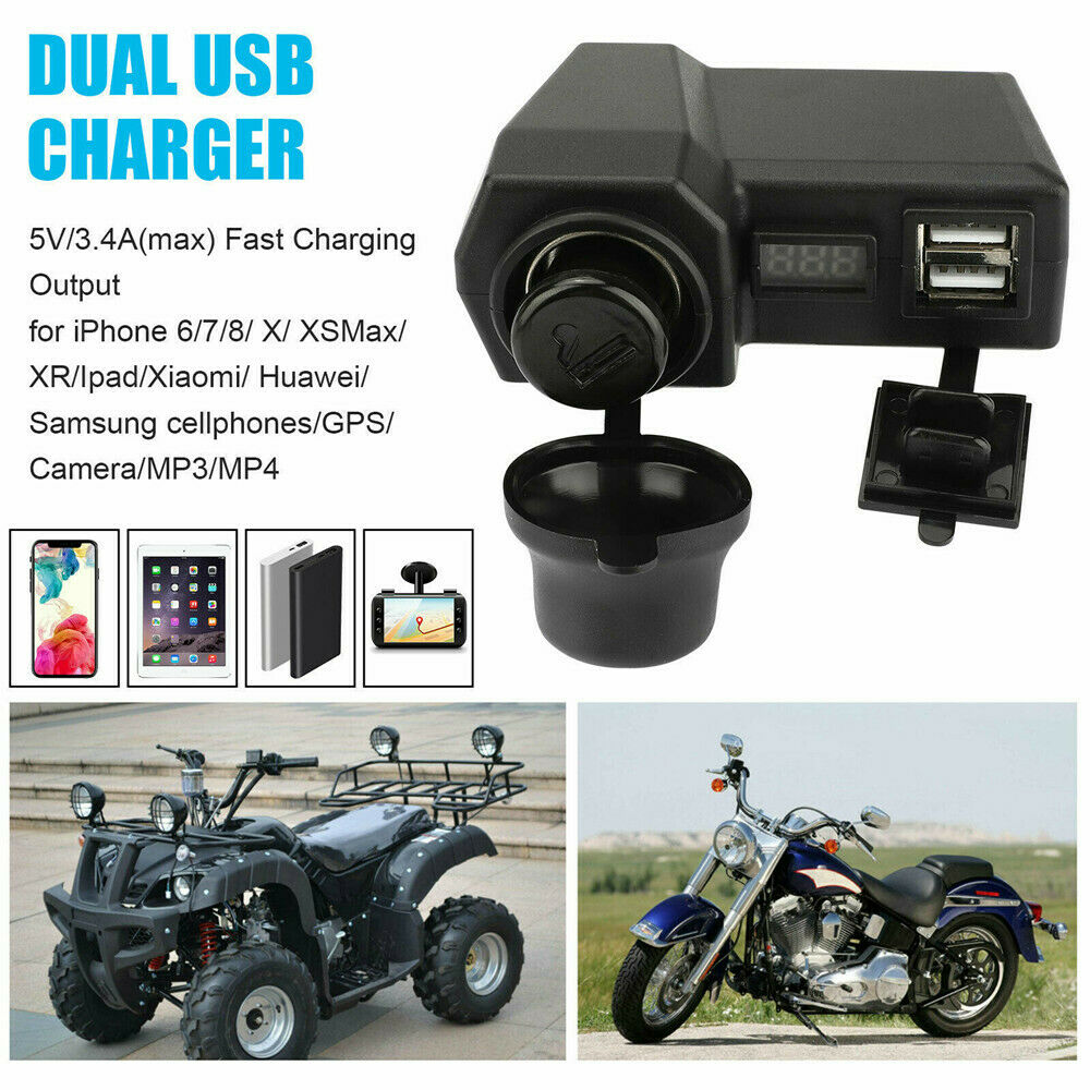 Waterproof Motorcycle Handlebar Dual USB Phone Quick Charger Voltmeter 10-24V