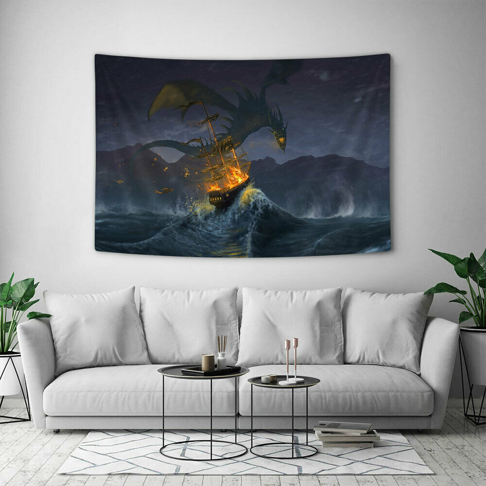 Evil Dragon Attacking Sailing Ship At Sea Tapestry for RV Decor 90x60cm