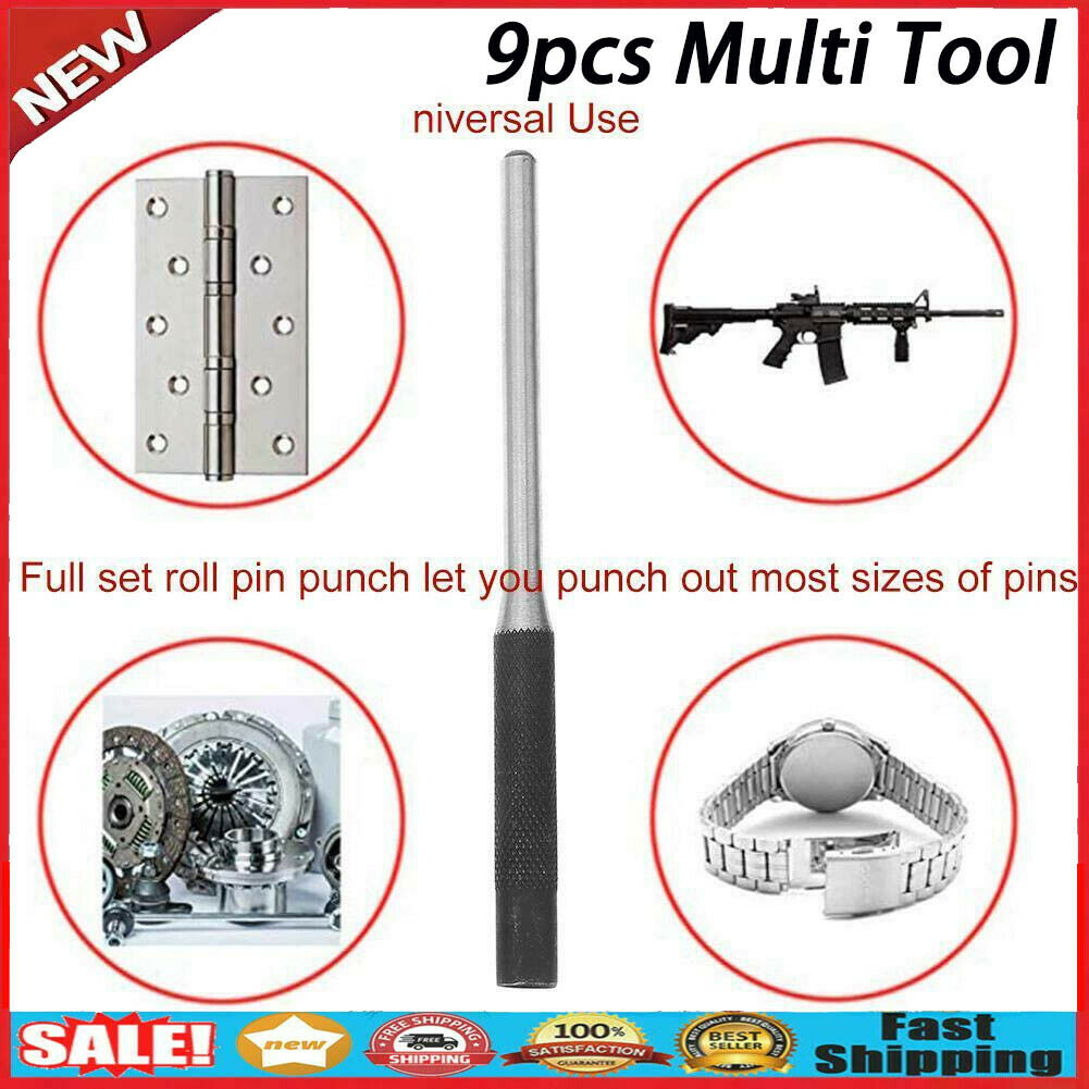 9pcs Multi Size Round Head Pins Set Punch 40CR Steel Grip Roll Pins Punch Tool