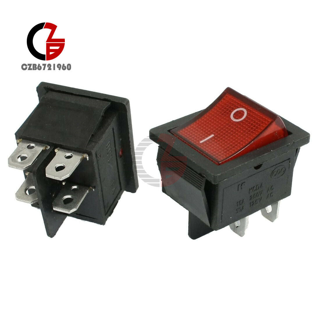 5PCS KCD4 Rocker Boat Switch DPST 4PIN Terminals ON/OFF 16A 250V W/ Red light