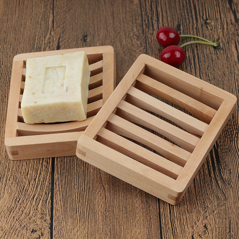 Bamboo Wooden Soap Dish Storage Tray Holder Plate Water Drain Shower Bathroom