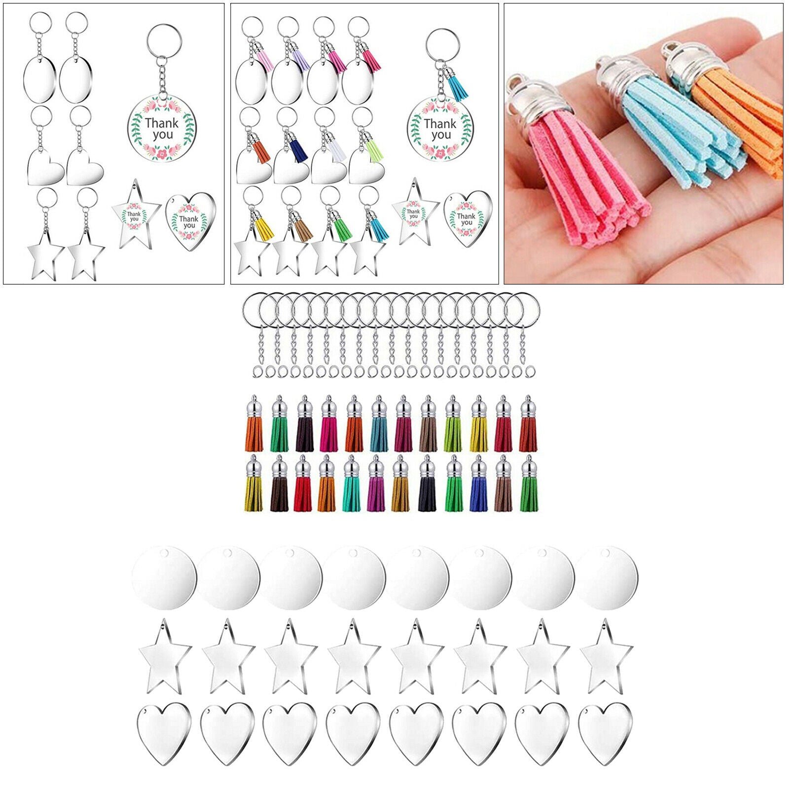 96x DIY Keychain Kit Key Chain Acrylic Discs Jump Rings Jewelry Crafts