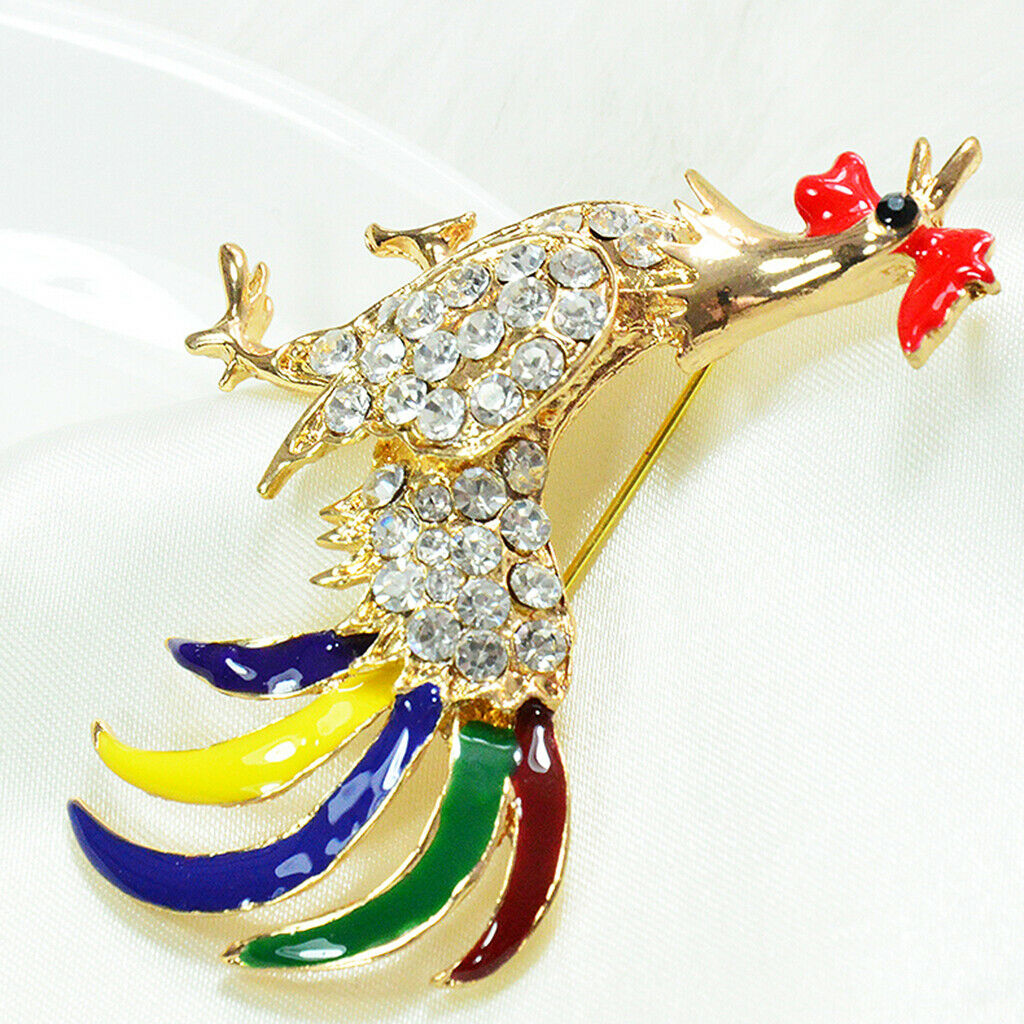 Rooster Cock Brooch Pin Zodiac Animal Enamel with Sparkling Zircons golden