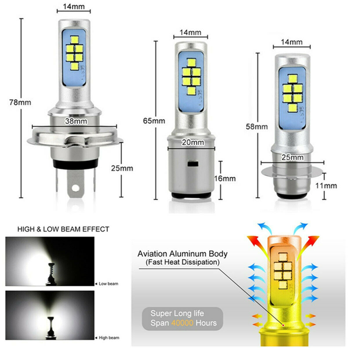 36W H6M P15D LED Motorcycle Headlight Bulb Fog Light 12 SMD 6000K Hi Lo Lamp