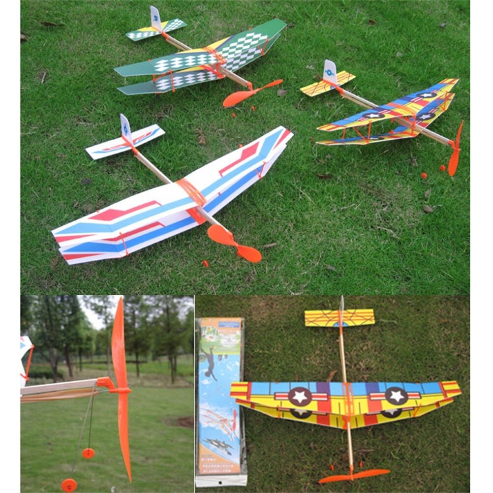 Rubber Band Powered Glider Biplane Assemble Aircraft Plane Kid Education .l8