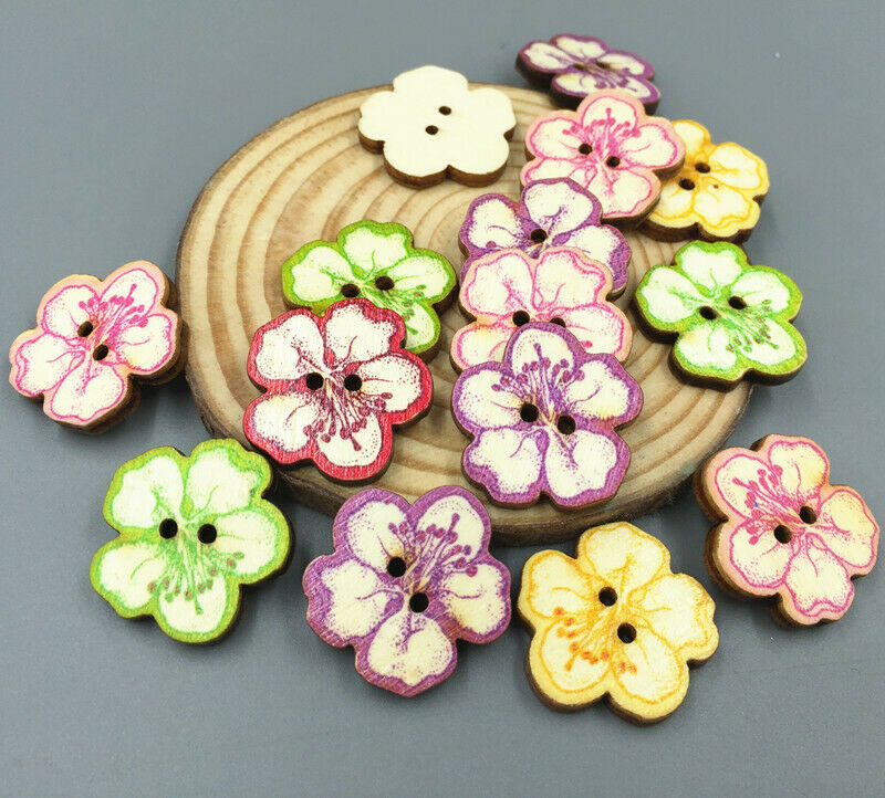 50X Wooden sewing buttons scrapbooking Cherry blossoms shape Embellishments 25mm
