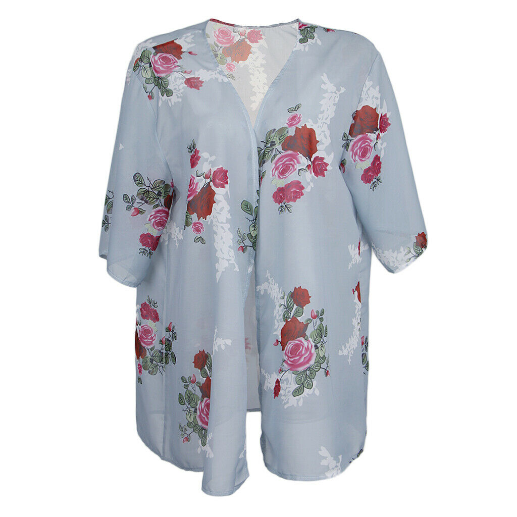 Summer Floral Prints Chiffon Cardigan Kimono Beachwear Top Bikini Cover Up Gray