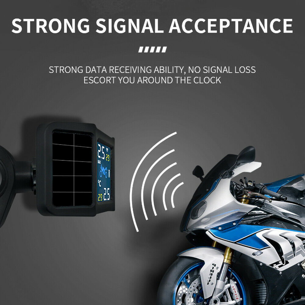 Motorcycle Tire Pressure Monitoring System TPMS Solar Power w/ 2 External Sensor
