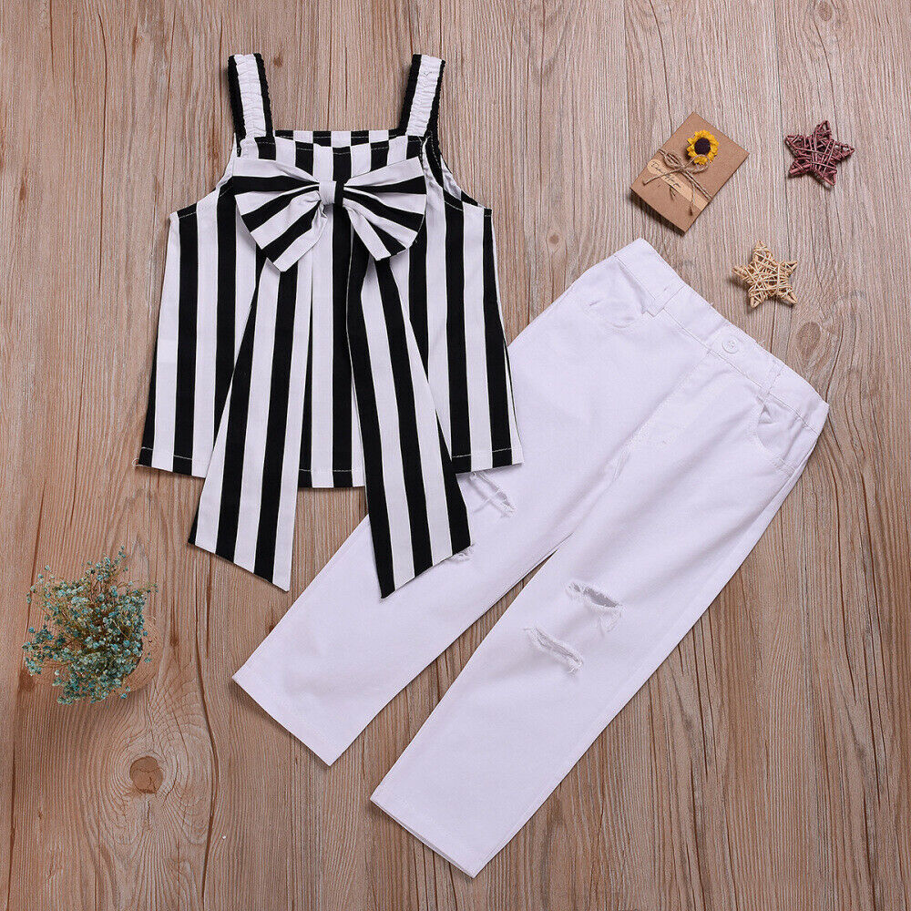 Kids Girls Little Vertical Stripes Print Big Bowknot Tank Top+ Pants Trousers