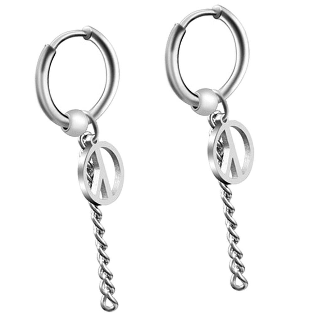 Stainless Steel Hip Hop Peace Long Dangle Earrings Hoop Studs Piecred