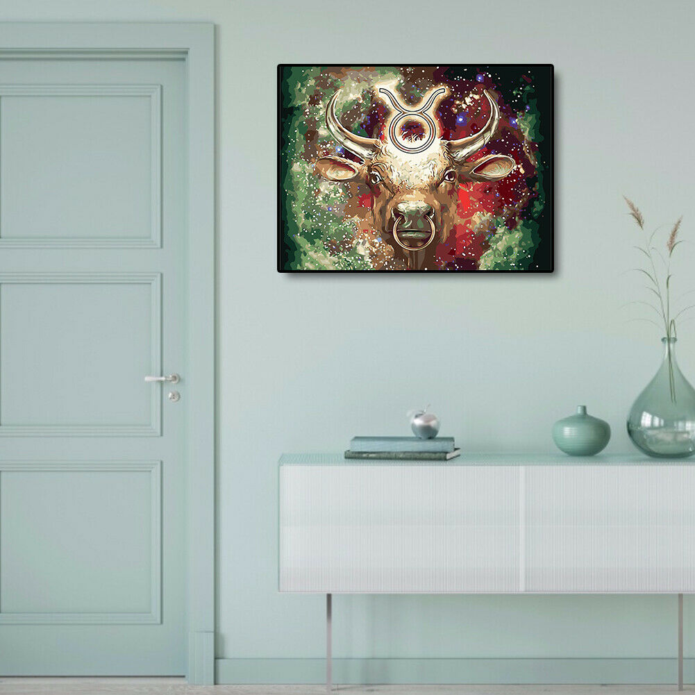 Oil Painting By Numbers Kit DIY Cow Head Canvas Hand Painted Art Wall Decor @