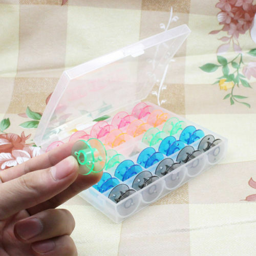 25 Empty Bobbins Sewing Machine Spools With Plastic Case Storage Box Supplies