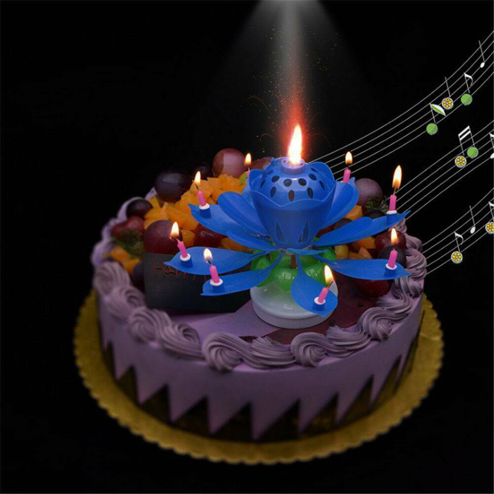 Candle Rotating Birthday Musical Lotus Flower Cake Candles Happy Light Decor New