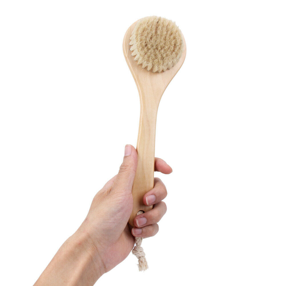 Natural Bristle Middle Long Handle Wooden Shower Body Bath Brush Round Head @