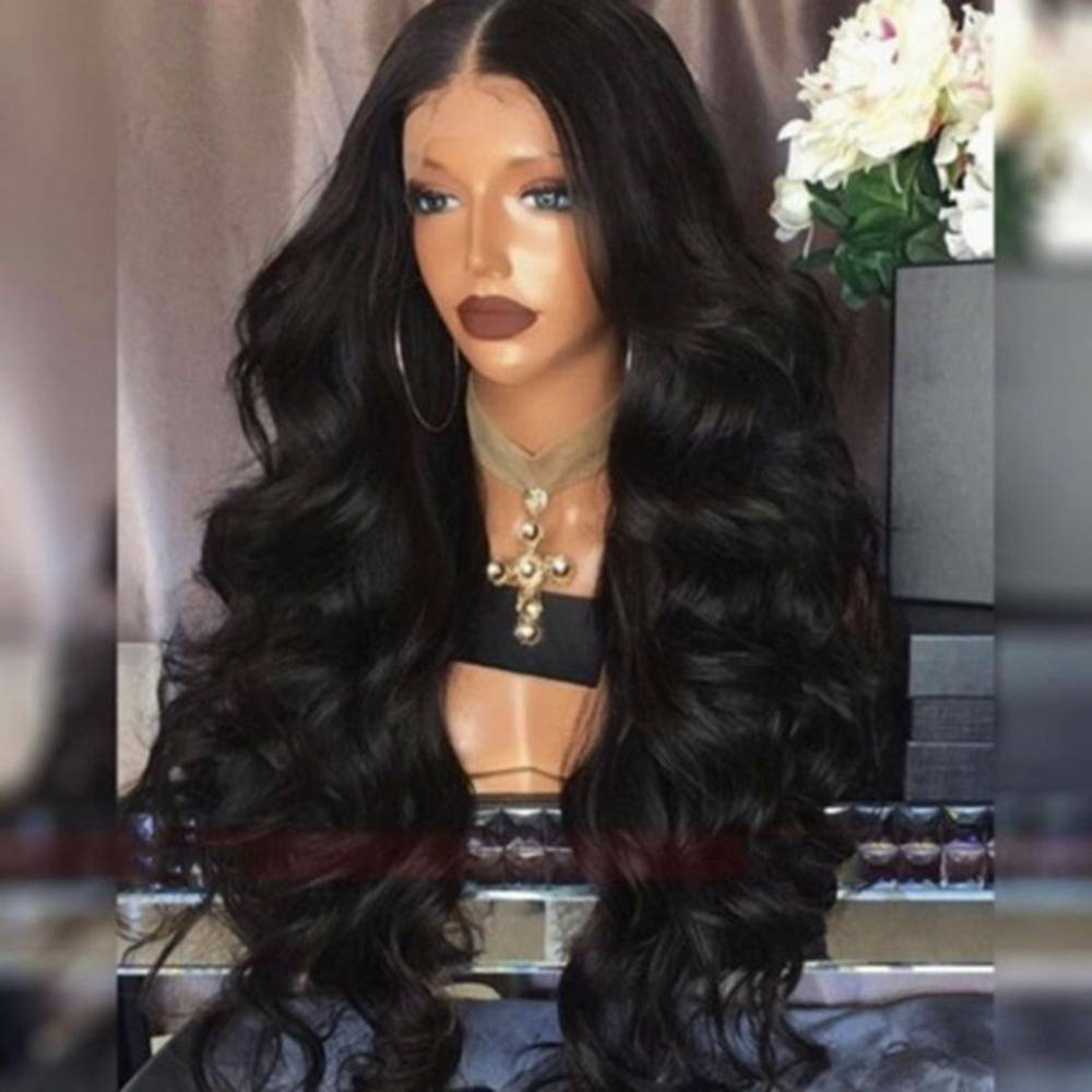 Womens Full Wig Brazilian Remy Hair Body Wave Silk Hair Wigs Black