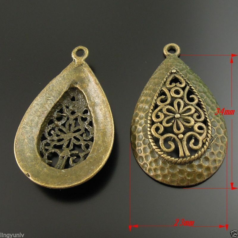 18 pcs Antiqued Bronze Hollowed Floral Teardrop Alloy Pandent Charm 34*23*6mm