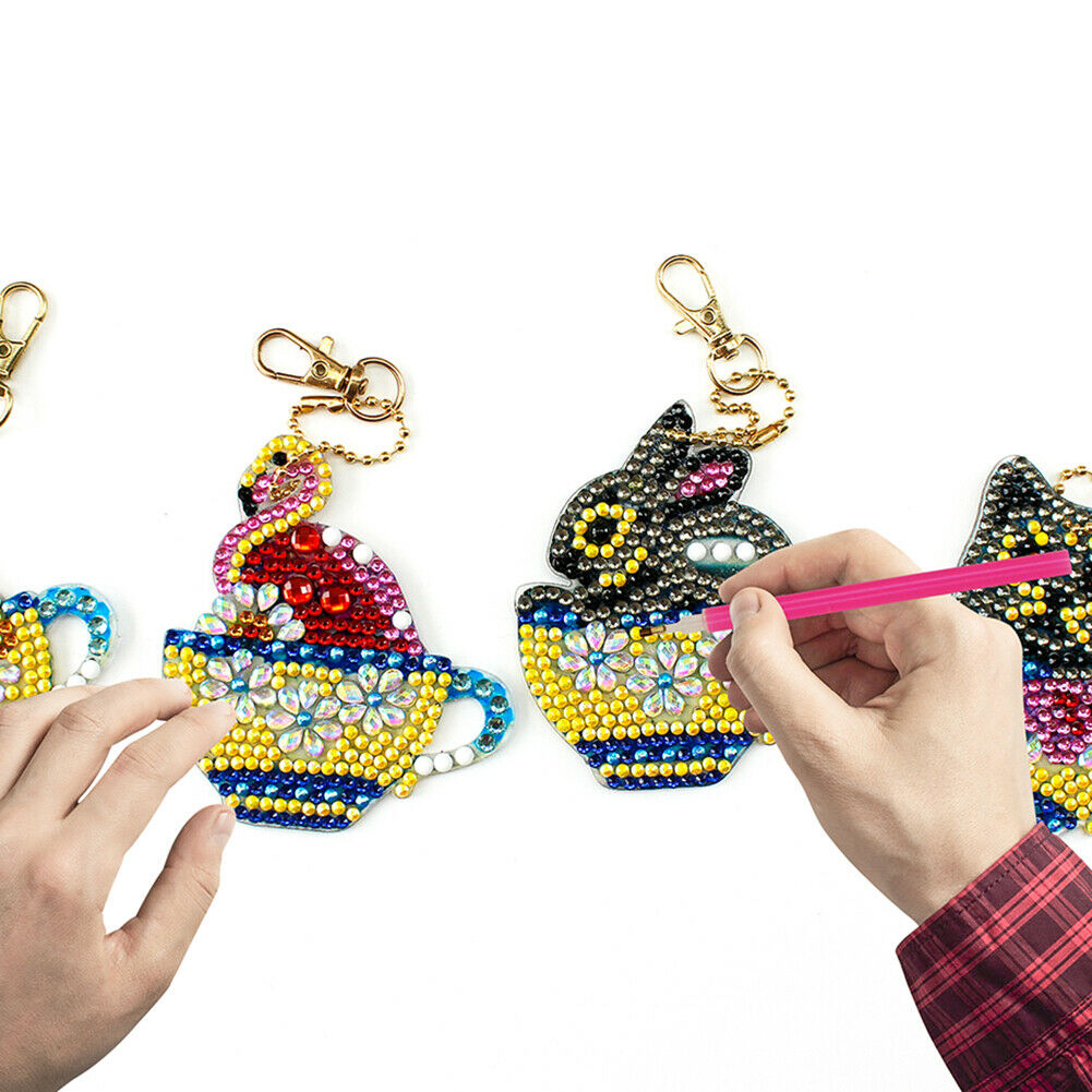 4x DIY Diamond Painting Keychains Cup Animal Embroidery Needlework Keyrings @