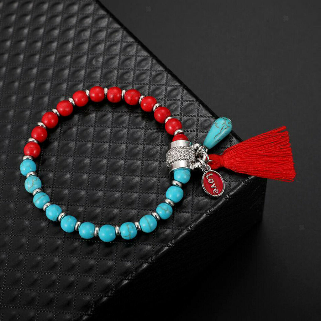 Unique Women's Beaded Bracelet Love Charm Joint Beads Tassel Bracelet Red+Blue