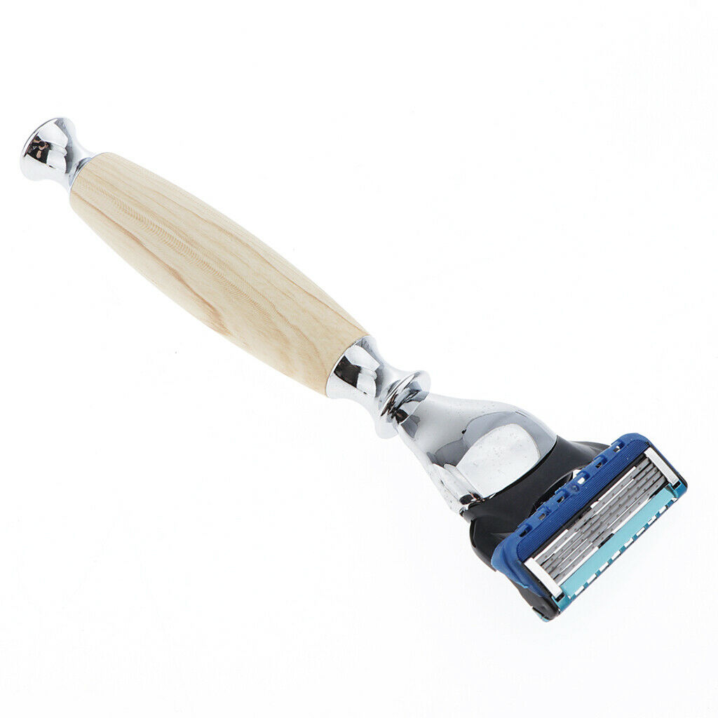 Mens Shaving Kit Gift Set w/5 Layer Blade Razors Brush & Stand Holder Beige