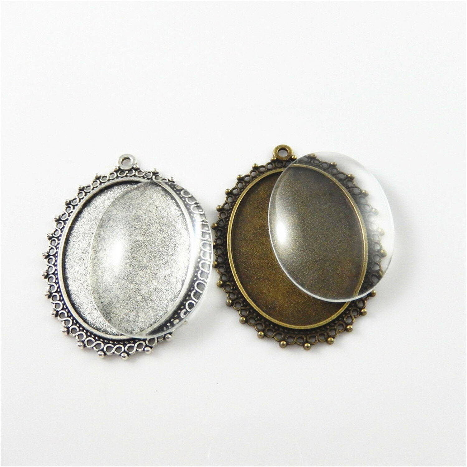 4 Sets Oval 40x30 mm Glass Cameo + Bezel Lace Charm Necklace Pendant #53482