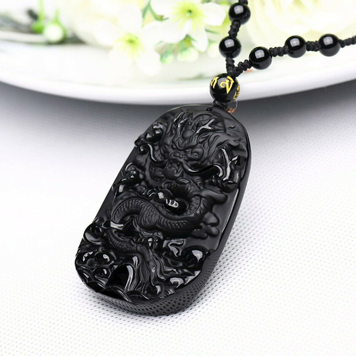 6PCS Natural Black Obsidian Hand Carved Dragon Blessing Beads Pendant Necklace