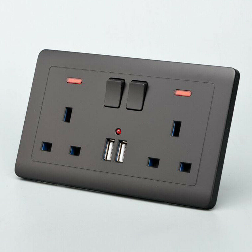2 Gang 13A British Wall Switch Double Sockets with 2 Ultra USB Outlet Black