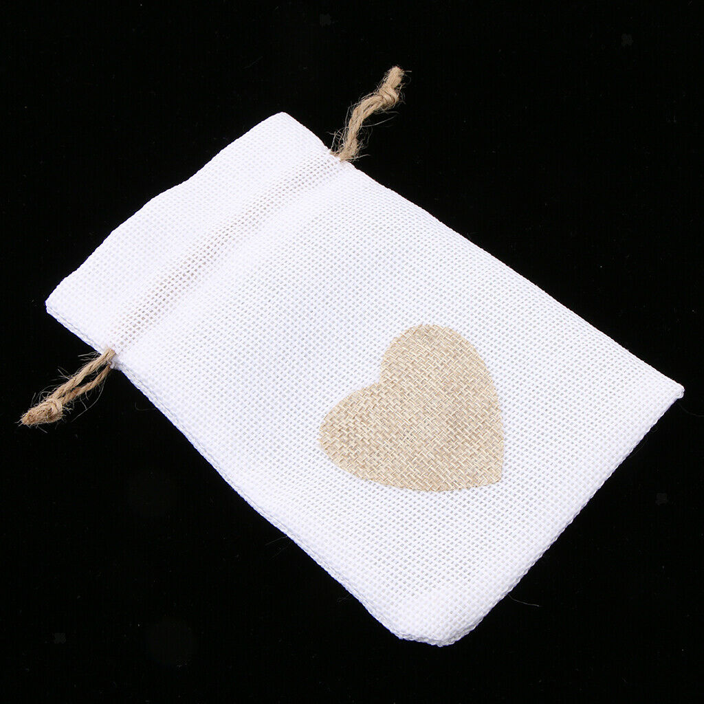 20Pcs Natural Burlap Bags with Jute Drawstring, Love Heart Print Wedding Party