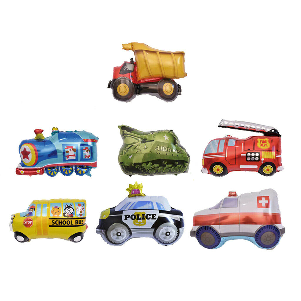 7 Giant Helium Balloons: Truck, Police Car, Tank, Train,  Bus