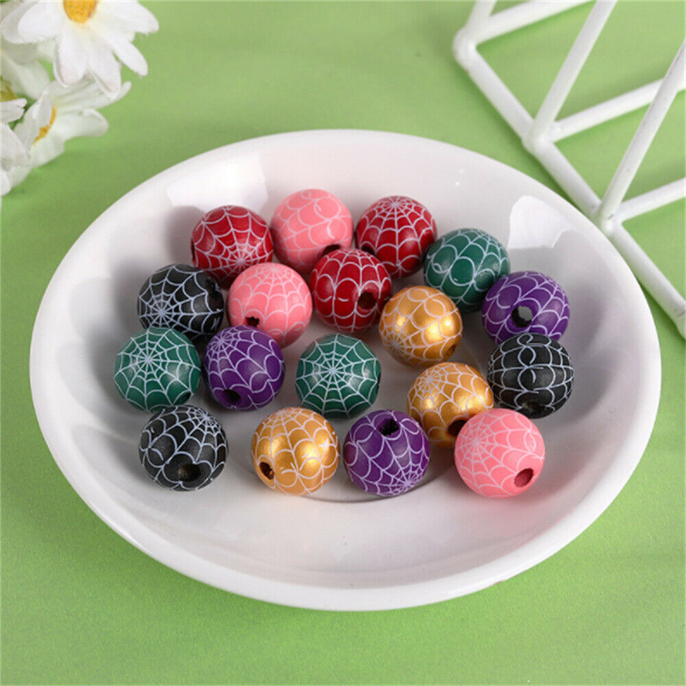 20 Mix Halloween Spider Web Printed Round Beads Wood For Jewelry DIY Crafts 16mm