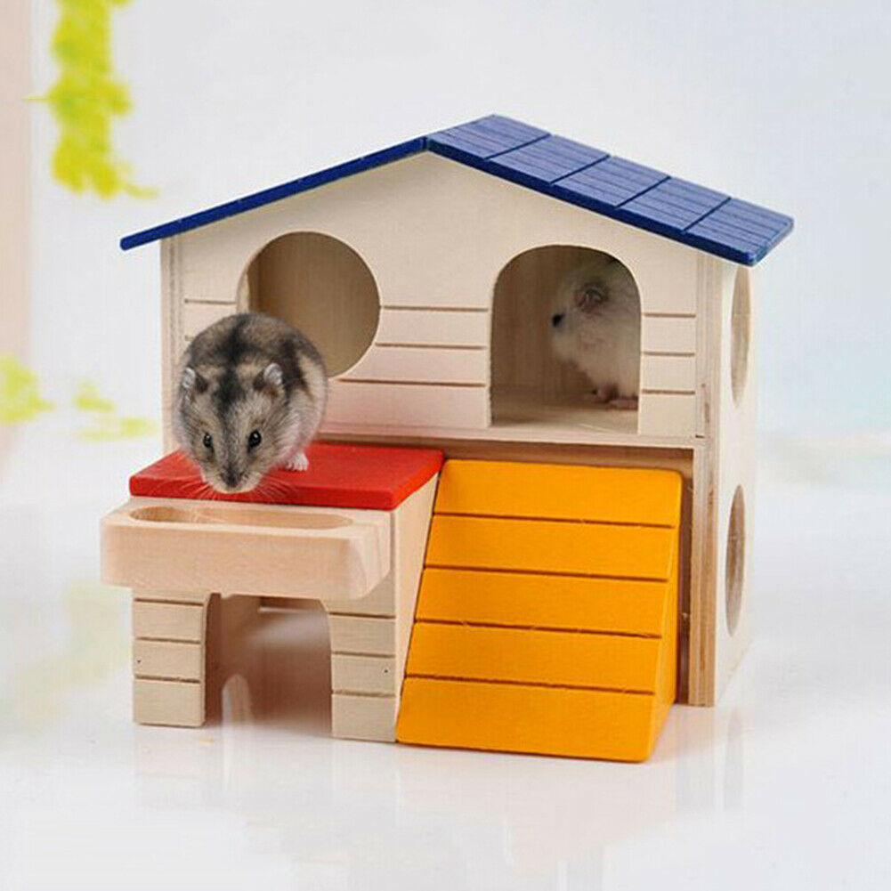 Cute Hamster Double Layer Cabin Wooden Small Animal Climbing Hideout Nest @