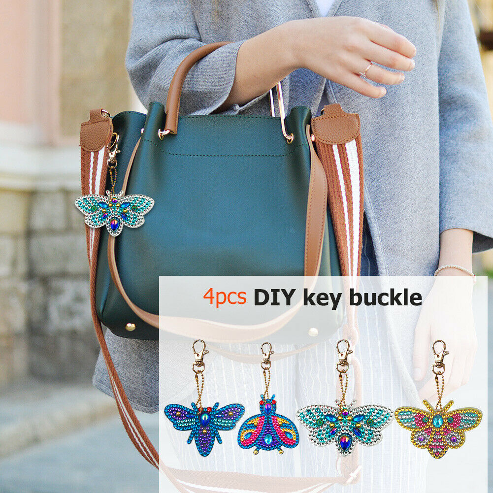 4pcs Full Drill Diamond Key Chain Bee Pendant Cross Stitch Keyrings Art Craft @