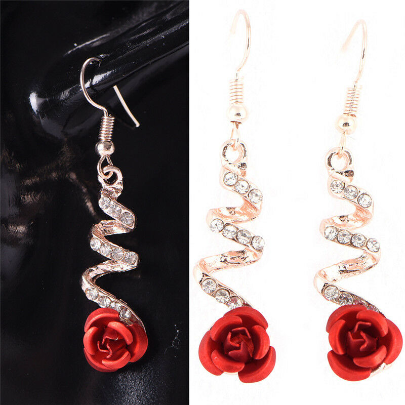 Red Rose Flower Crystal Dangle Drop Earrings Hook Party Bridal Earring Jewel Qx