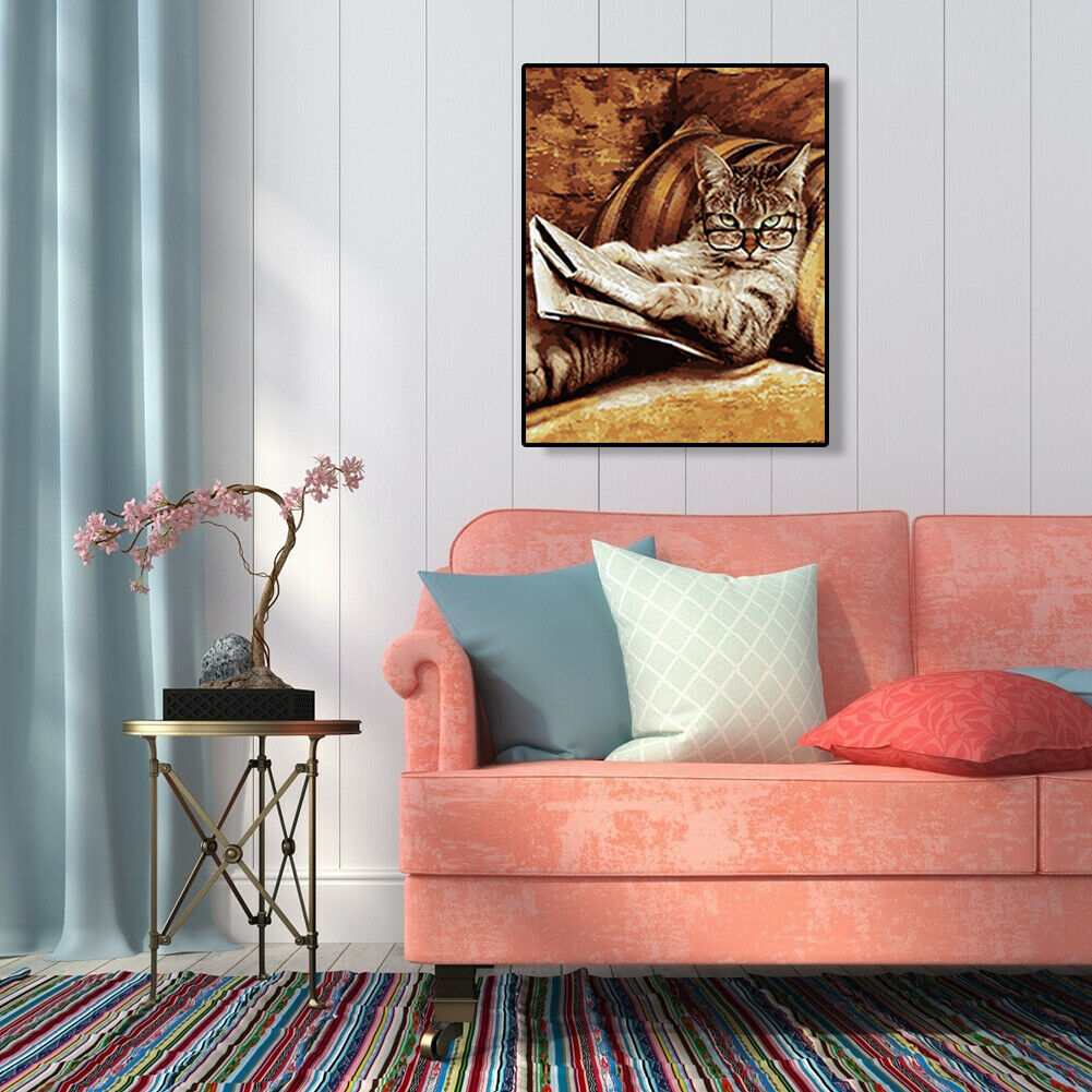 Glasses Cat DIY Oil Painting By Numbers Coloring Drawing Modern Art Picture @