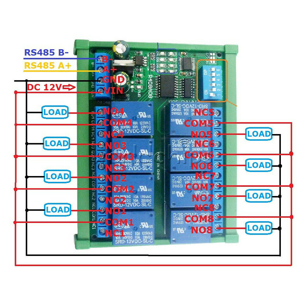 DC12V 8 Channel RS485 Relay Module Modbus RTU Board Controller +DIN rail Case