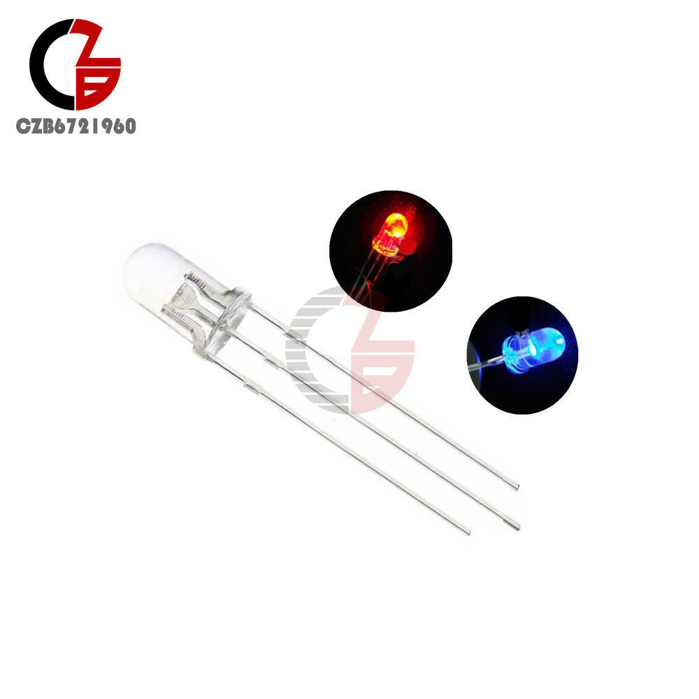 50PCS Dual Bi-Color Red Blue Bright 5mm 3Pin Water Clear bulb Led Common Anode