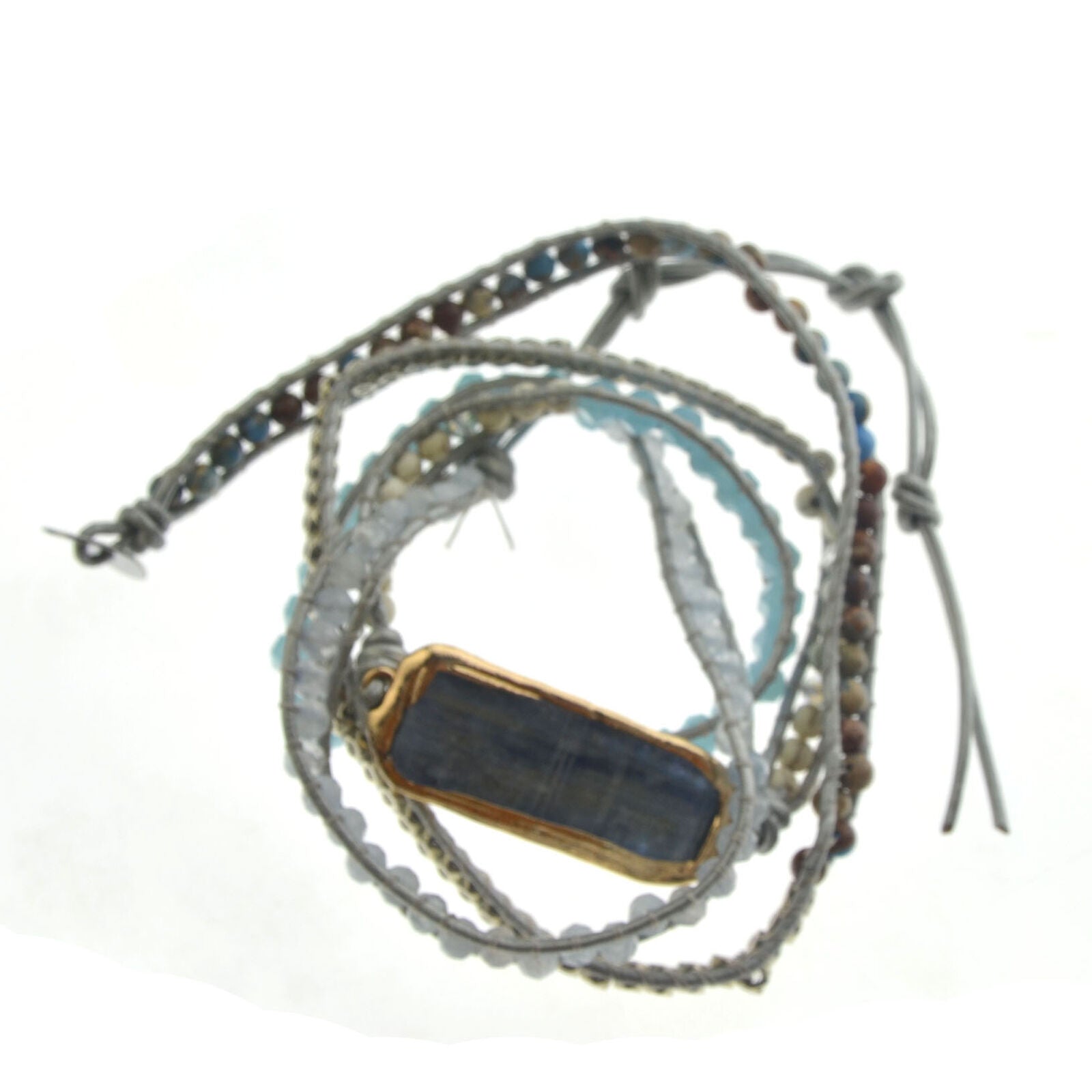 Boho Blue Kyanite Crystal Healing Stone Leather Wrap Yoga Women Bracelet Energy
