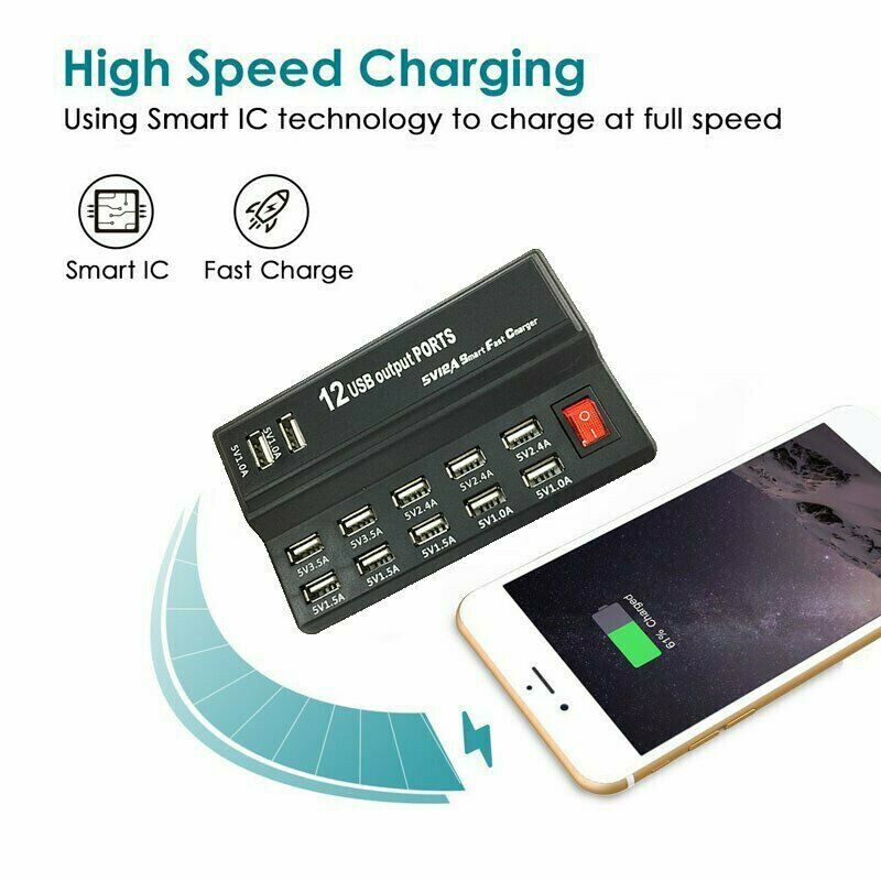 Multi 12-Ports USB Phone Charger Socket Fast Charging Station Hub Wall Adapter