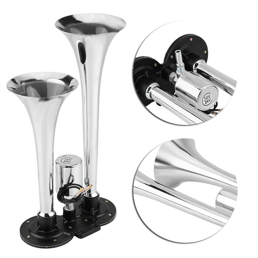 12V Truck Train Boat RV 150db Super Loud Dual Trumpet Air Horn Chrome W/Solenoid