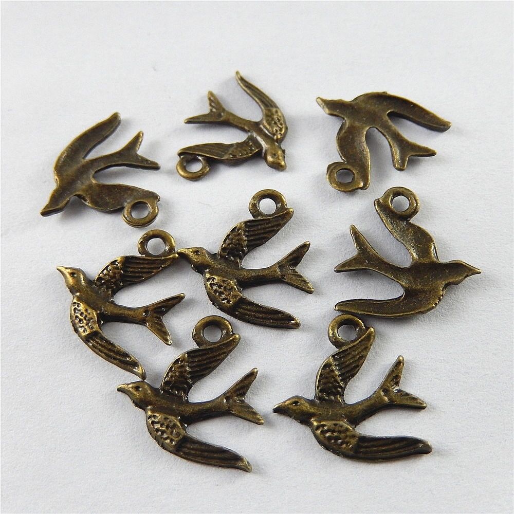 100 pcs Antiqued Alloy Cute Bird Charms Bronze Color Pendant Findings 16x14mm
