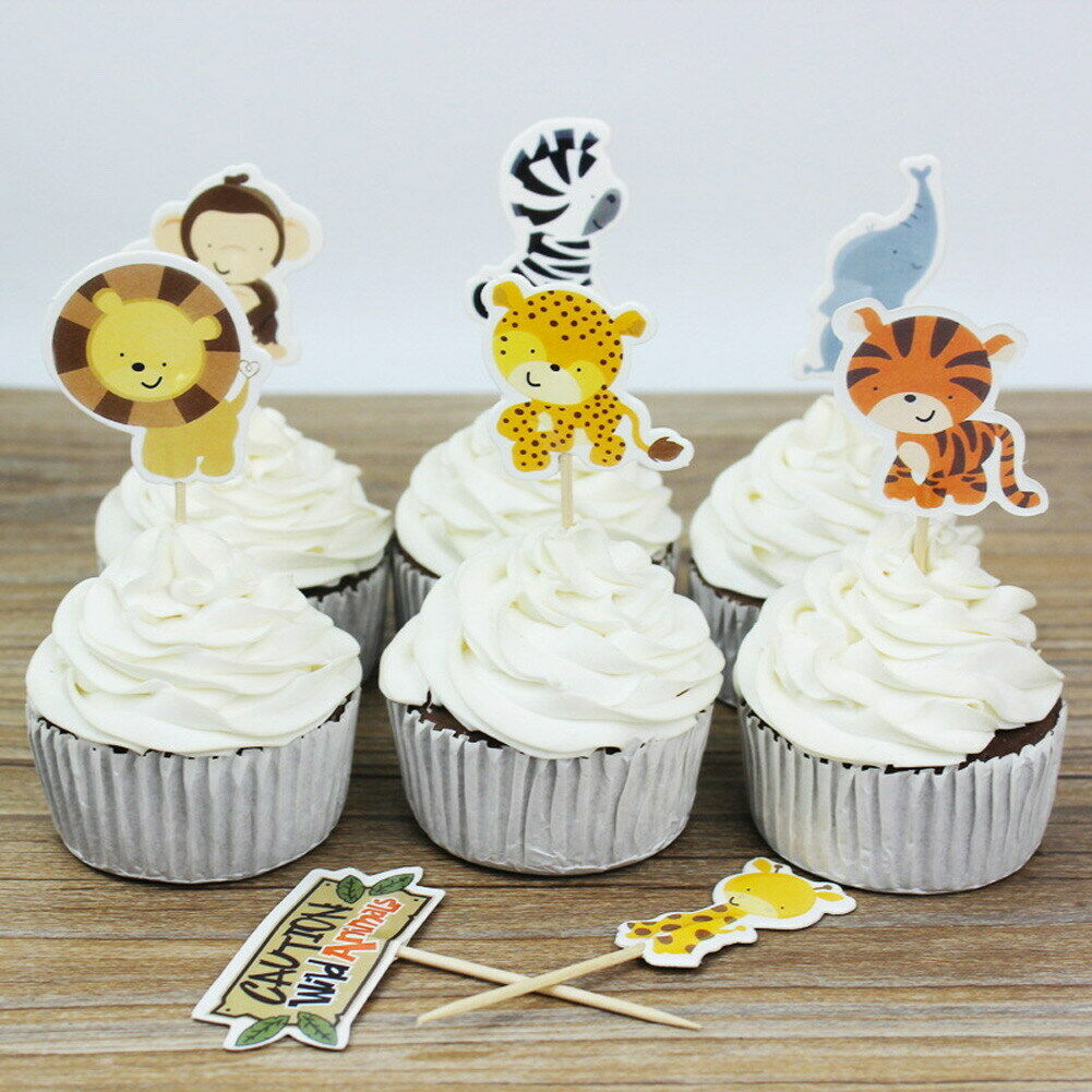 24pcs Cake Dessert Inserted Card with Zoo Animal Elephant Lion Pattern @