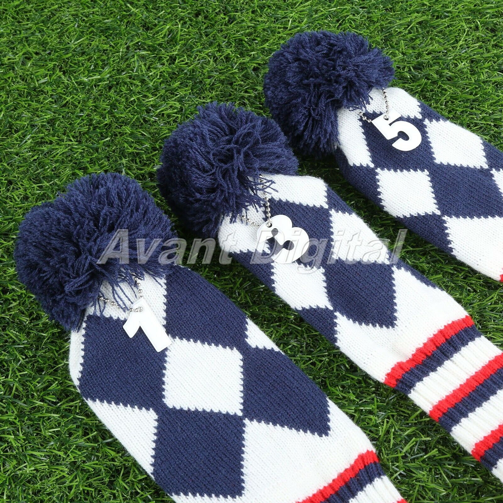 3Pieces Golf Head Covers Knitted Striped Pom Pom Soft Wood Protective Cover Case